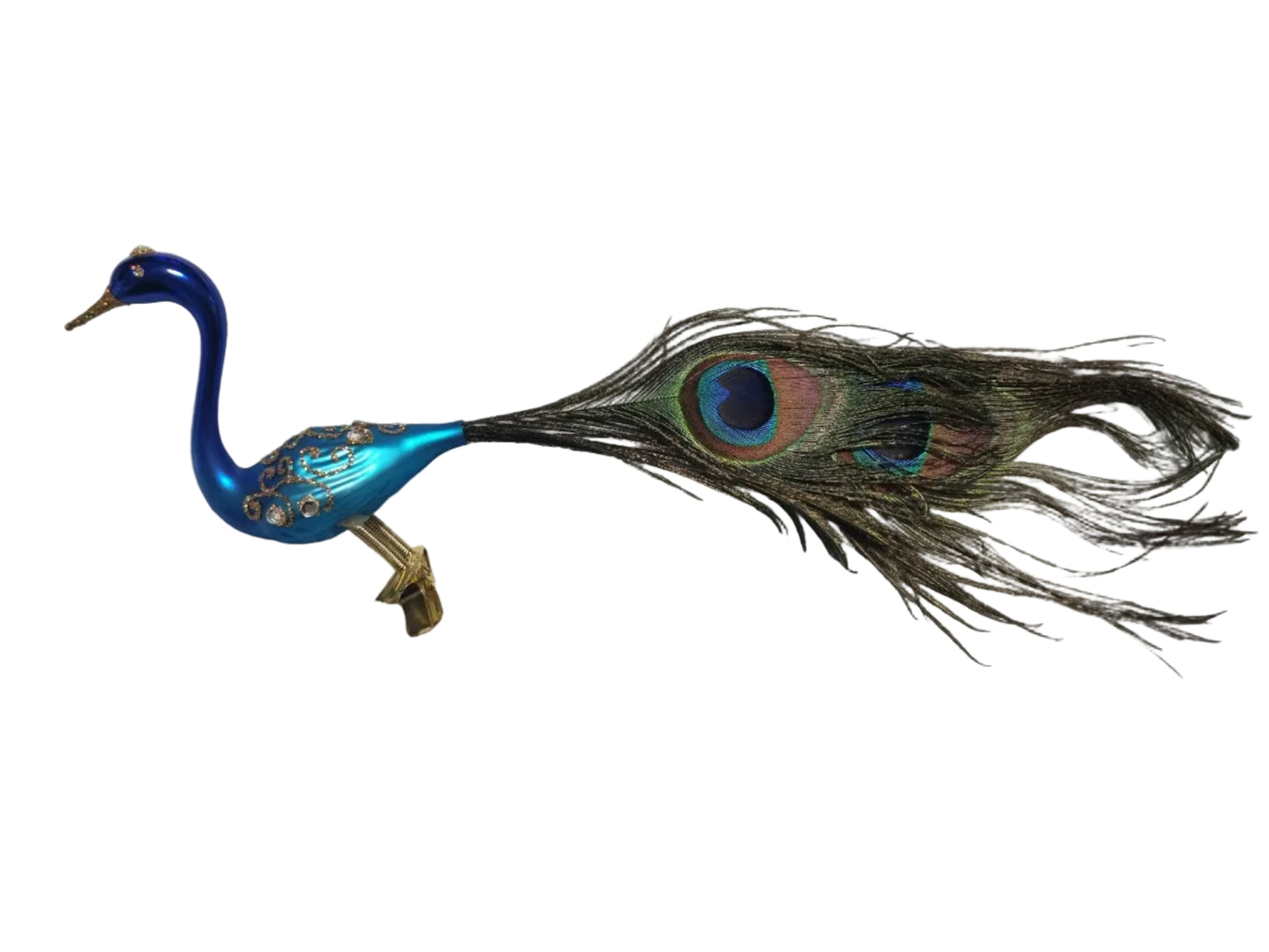 Blue glass peacock ornament with a feather
