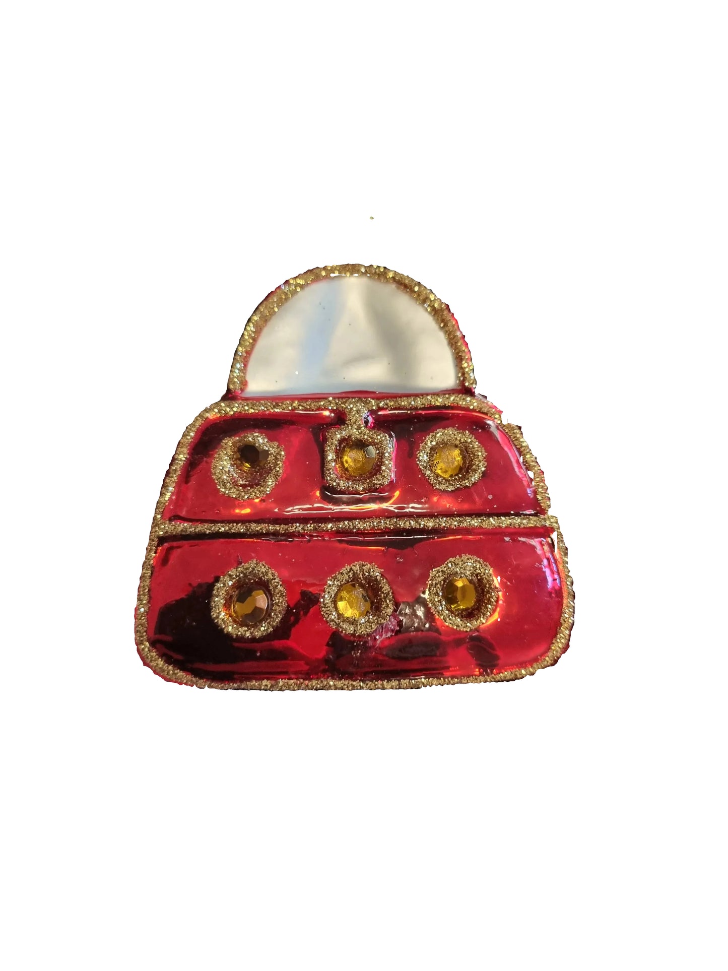 Decorative red handbag ornament with gold accents