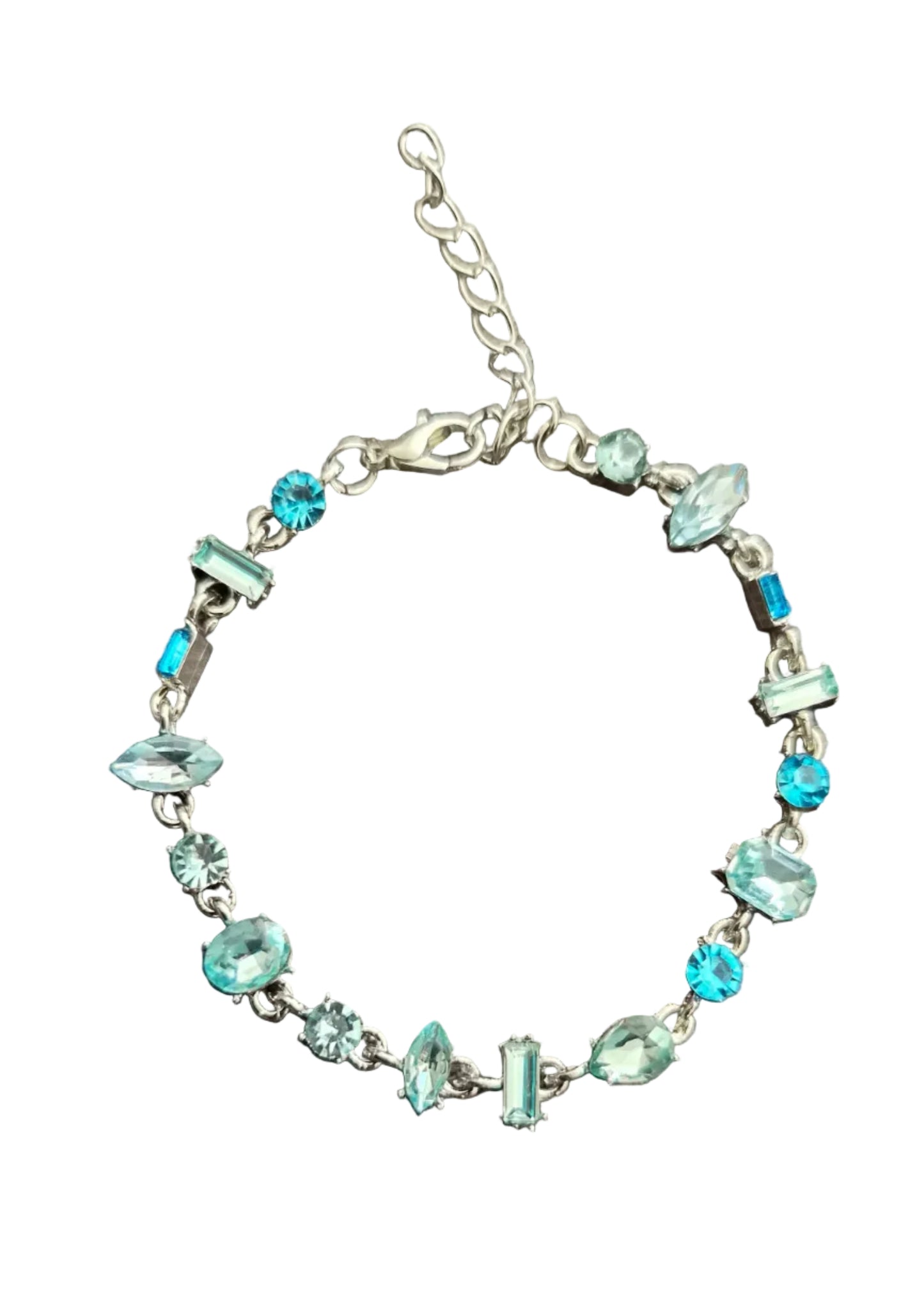 A silver-toned bracelet with multiple faceted light blue and turquoise gemstones.