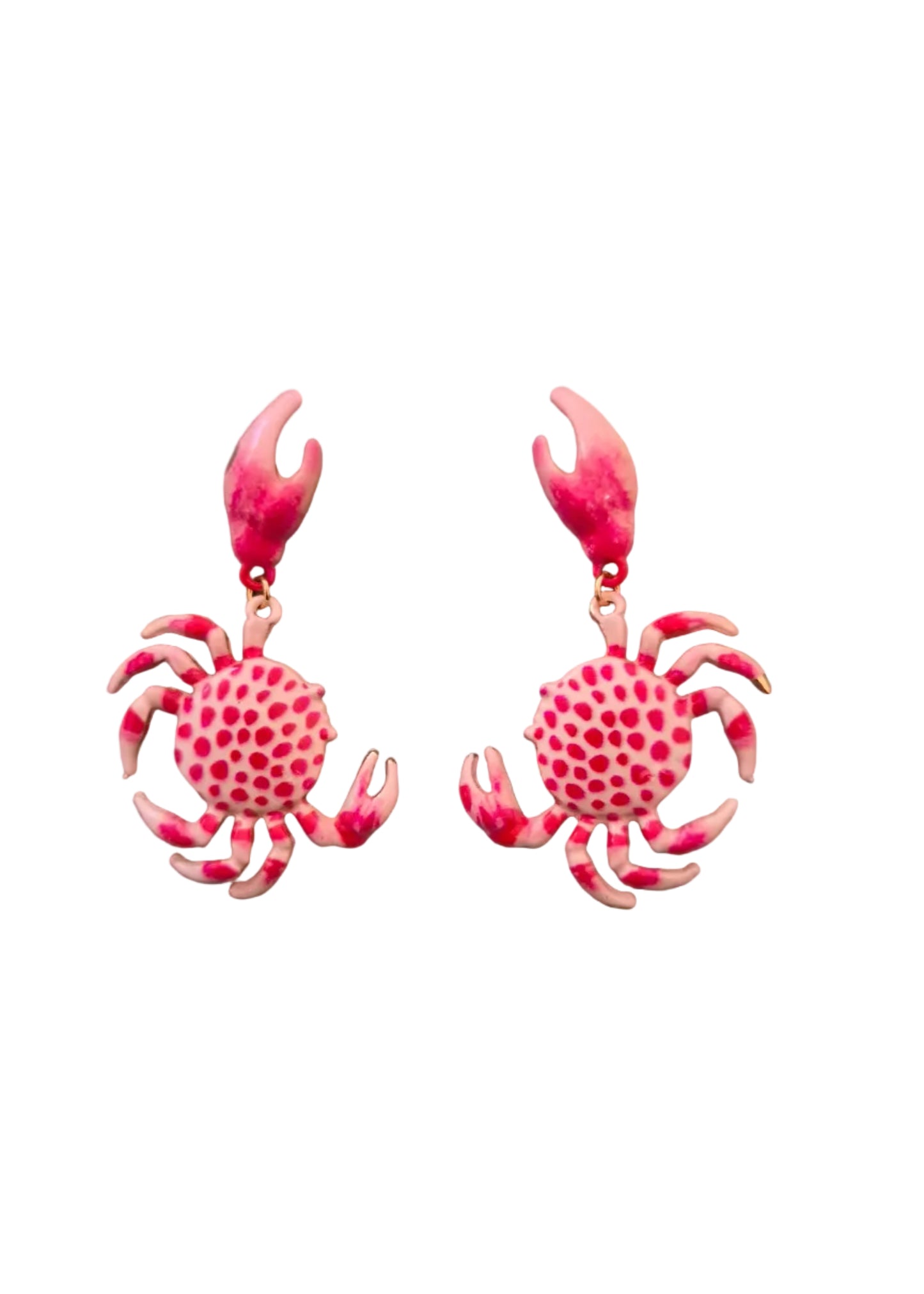 A pair of dangling earrings shaped like crabs, featuring a textured pink and red pattern with rose gold-toned claws.