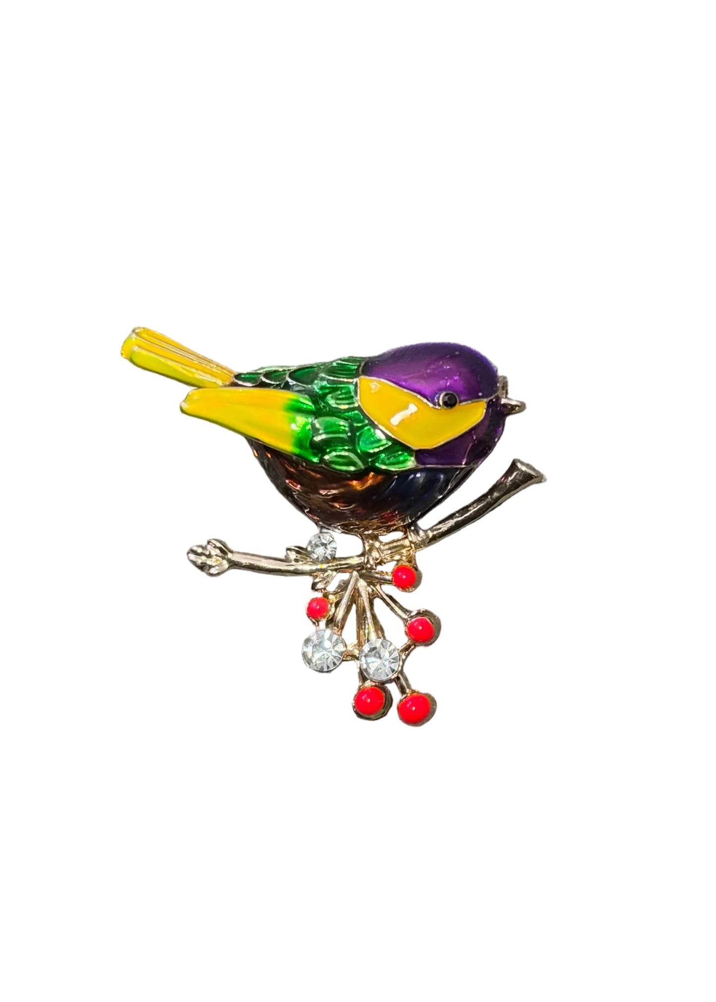 A colorful bird-shaped brooch with purple, green, yellow, and red enamel details