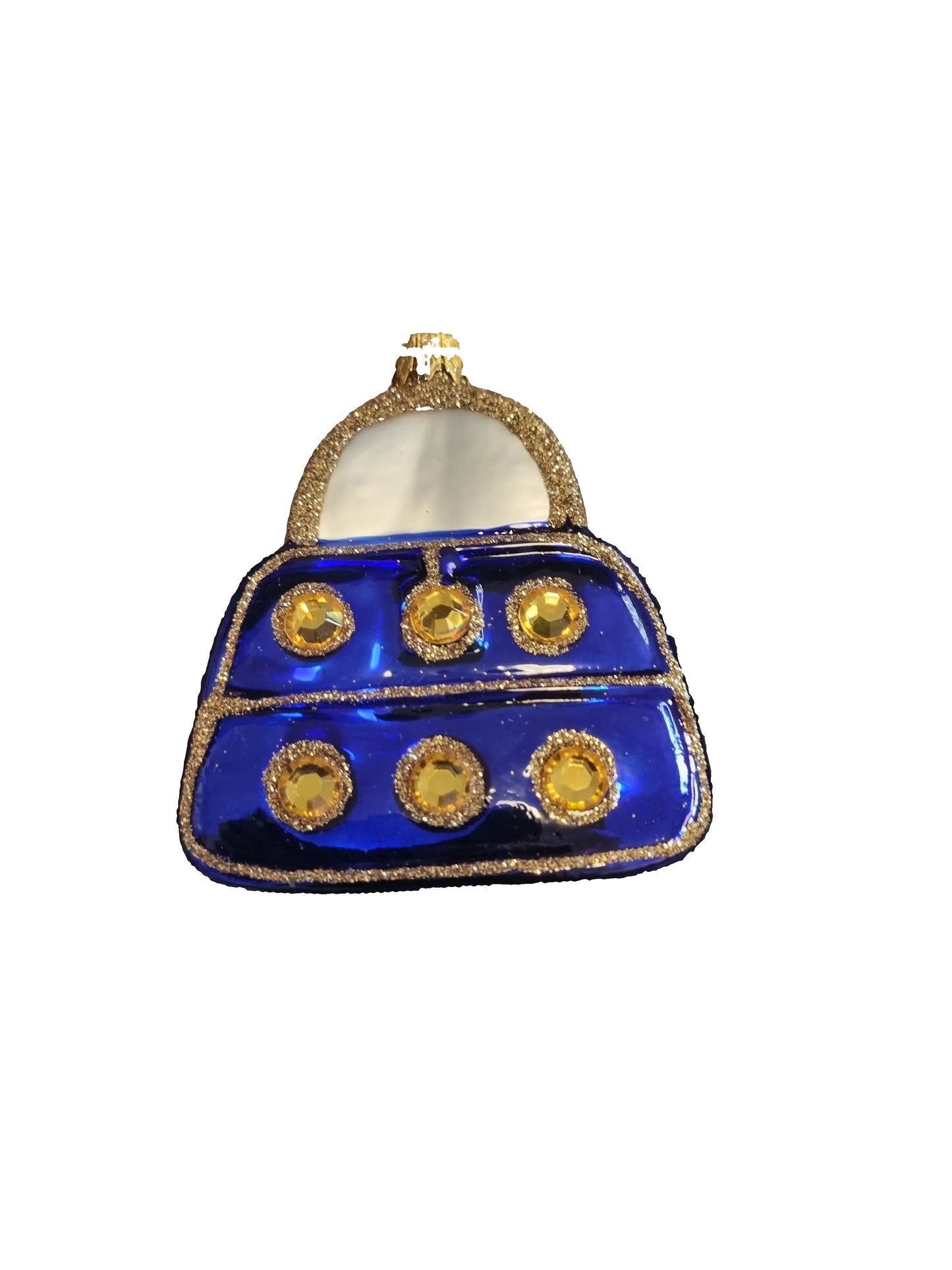 Decorative blue handbag ornament with gold accents 