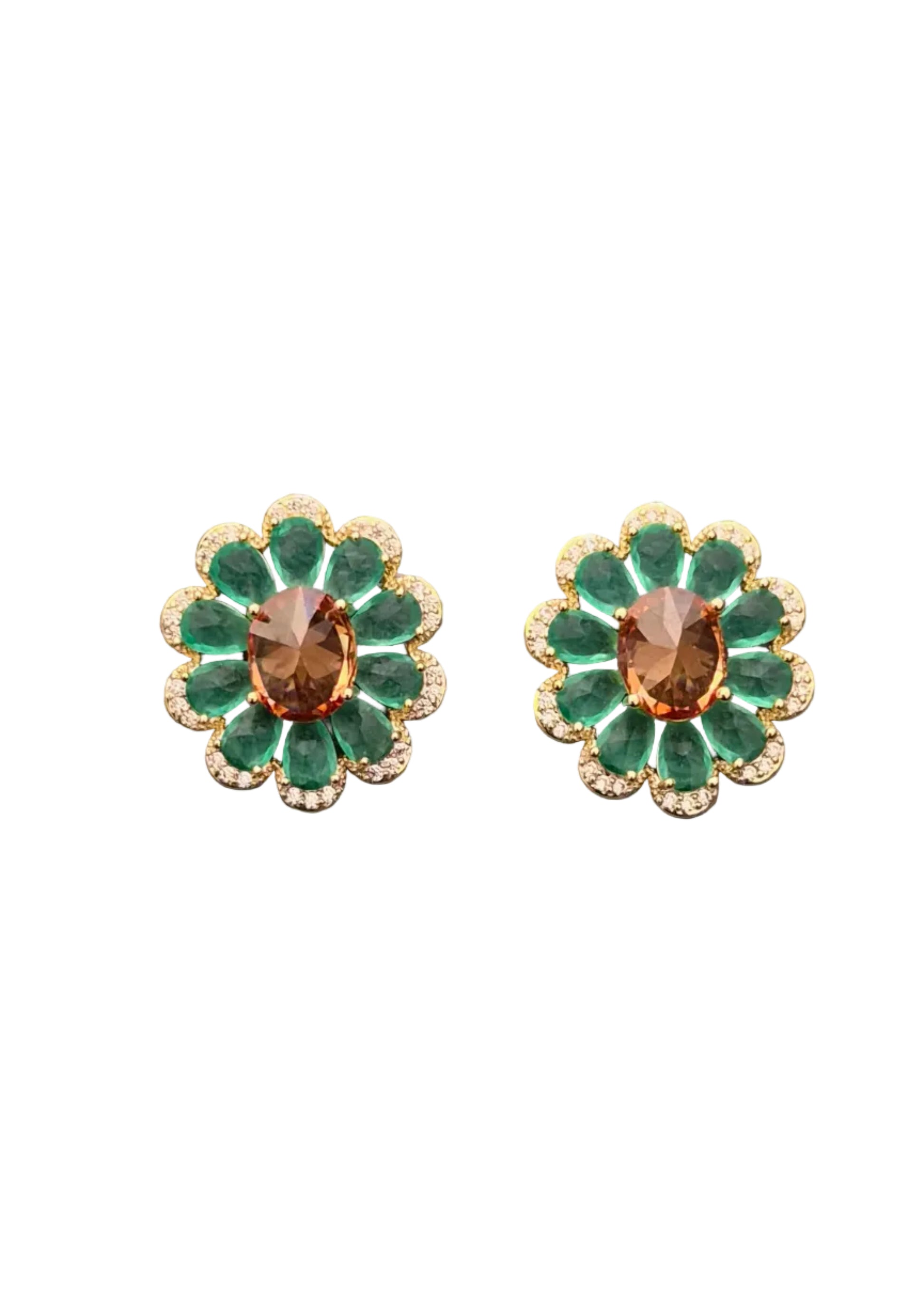 A pair of vintage-style flower-shaped earrings with green enamel petals, gold-toned metal borders, and a central oval brown gemstone,.