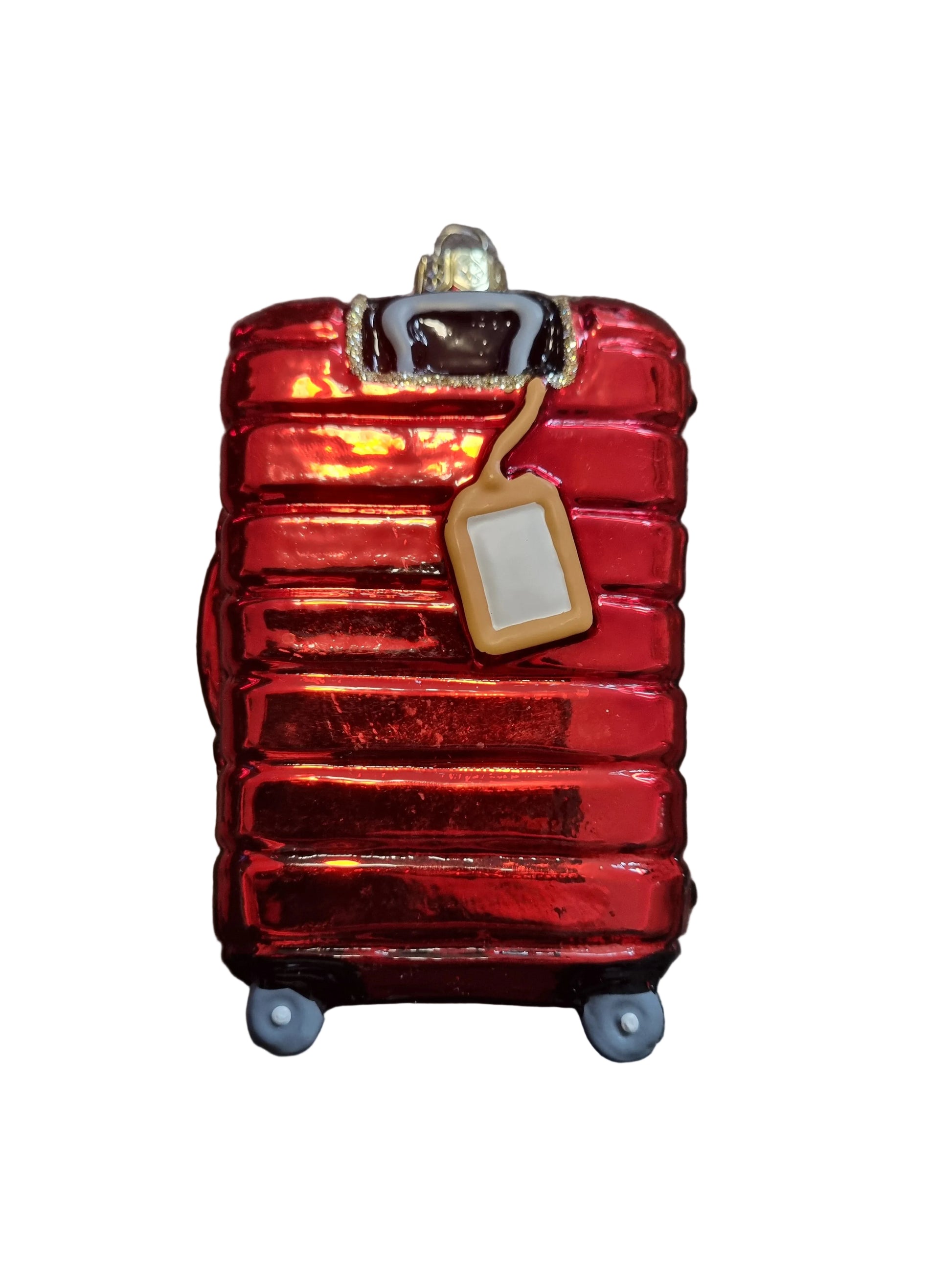 Red suitcase-shaped object with a tag 
