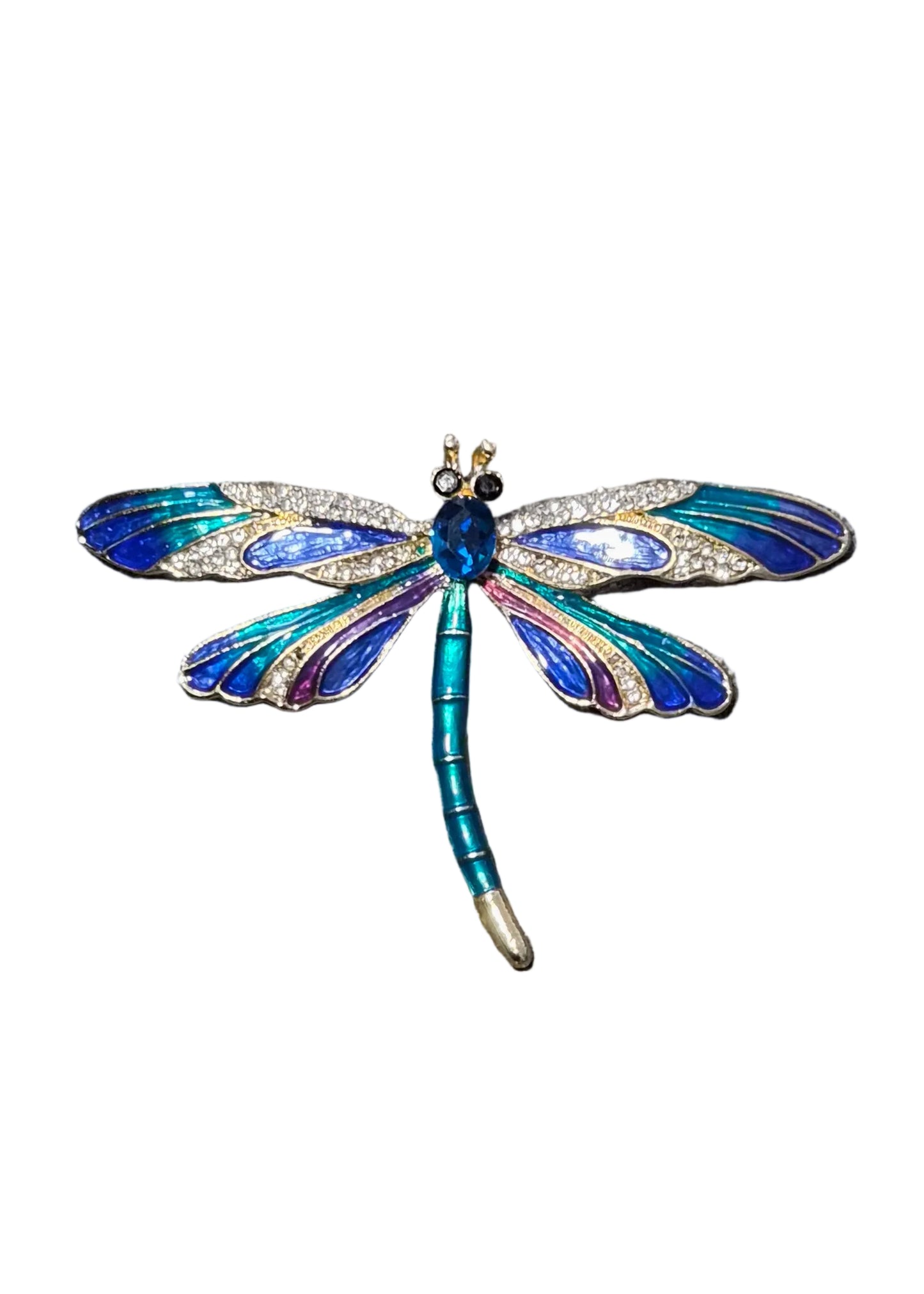 A dragonfly-shaped brooch with iridescent blue, teal, and purple enamel wings and body, set with small clear stones