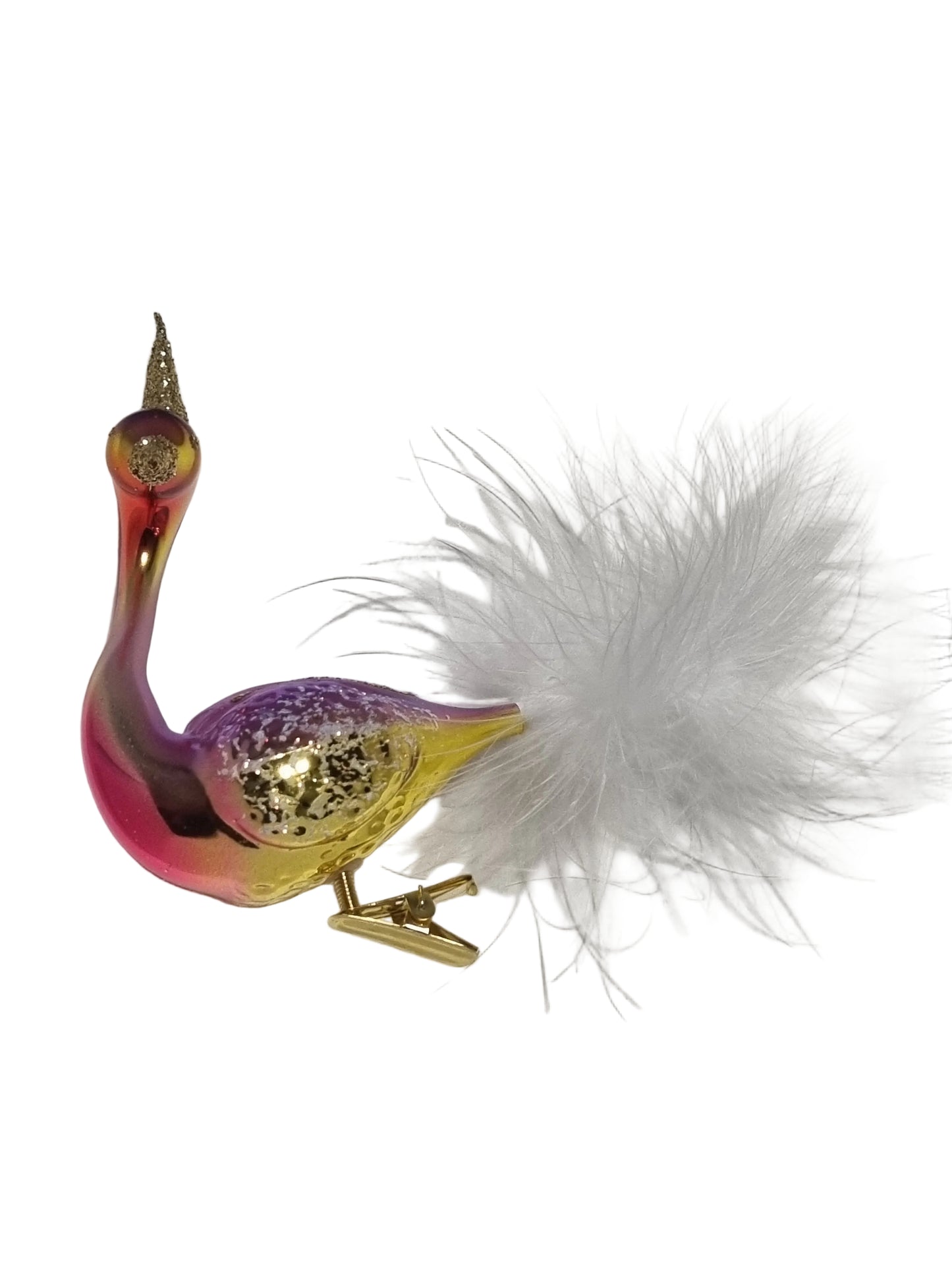 Decorative bird ornament with a colorful body and white feathers 