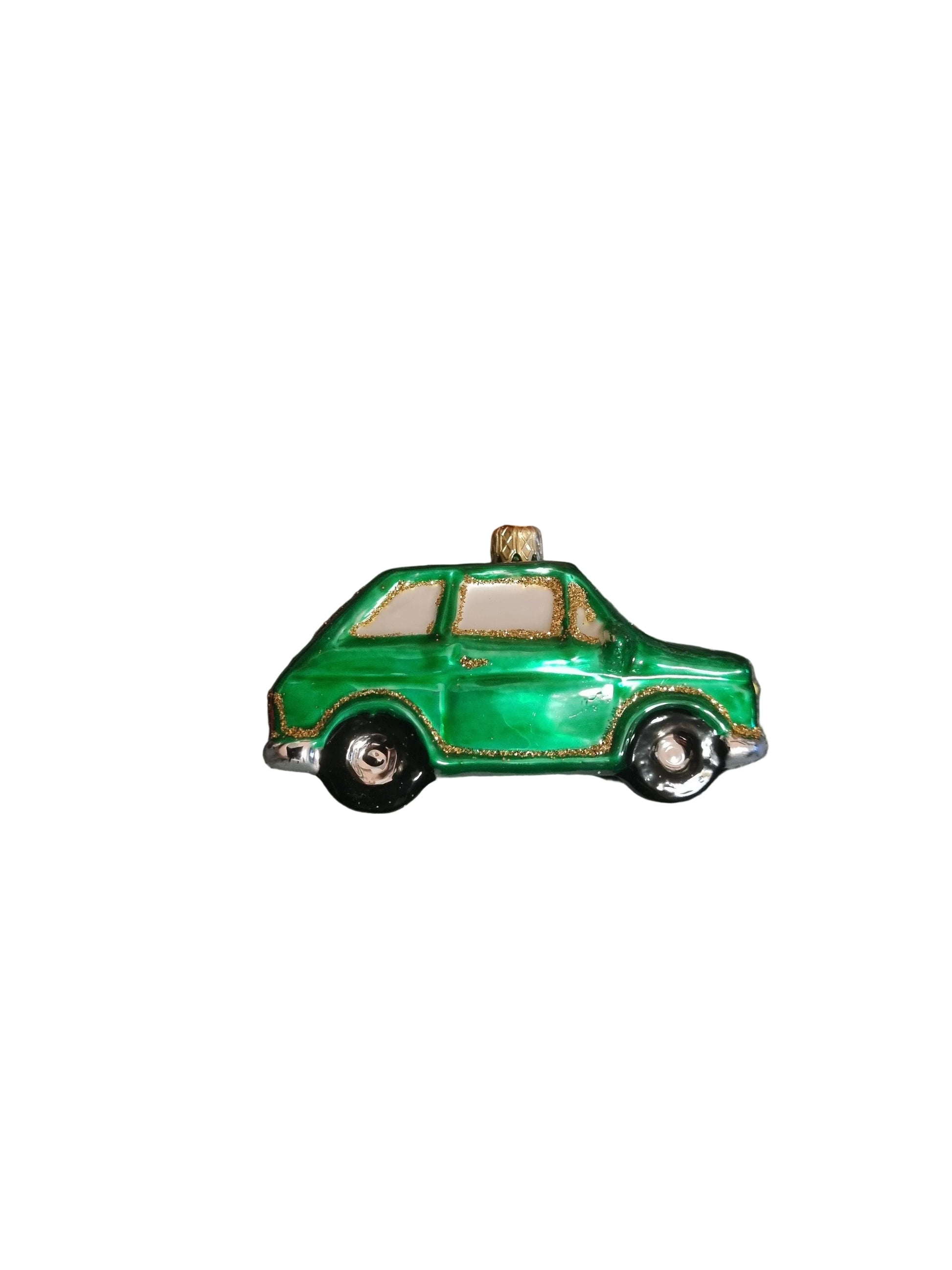 Decorative glass Christmas ornament in the shape of a car, coloured green with glitter windows