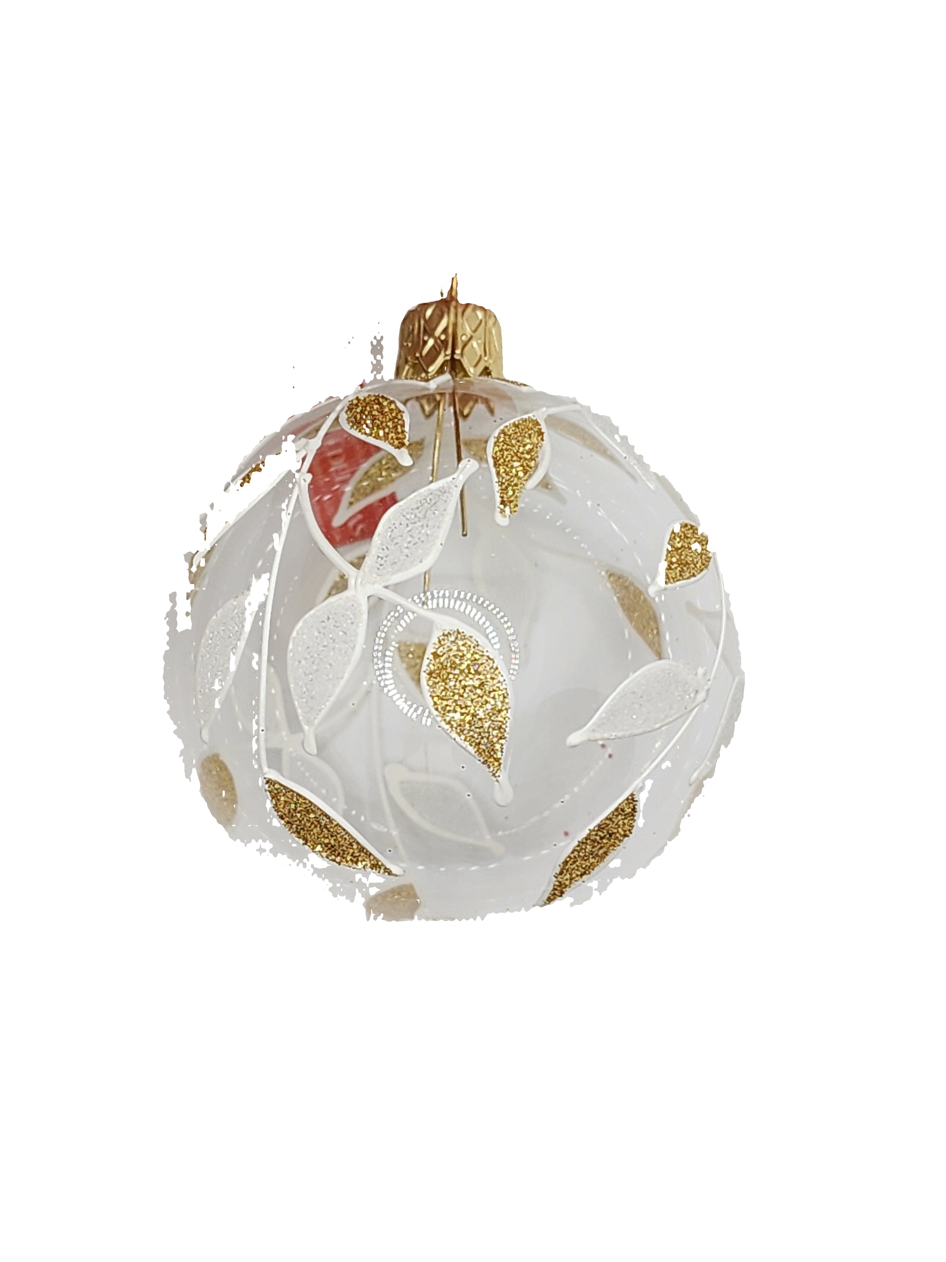 Decorating Christmas bauble with gold and white design on a white background