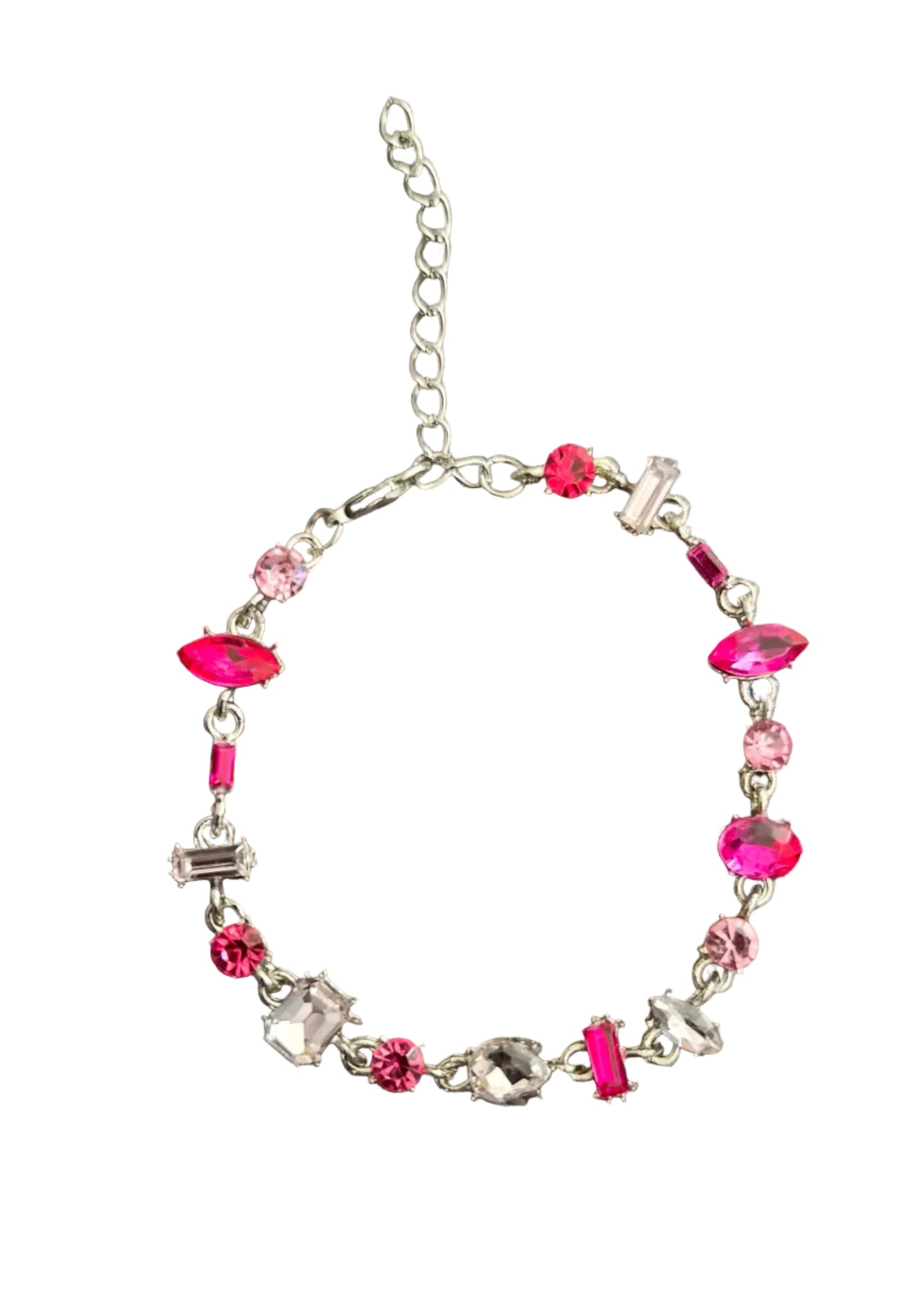 A silver-tone charm bracelet featuring various pink and clear rhinestones