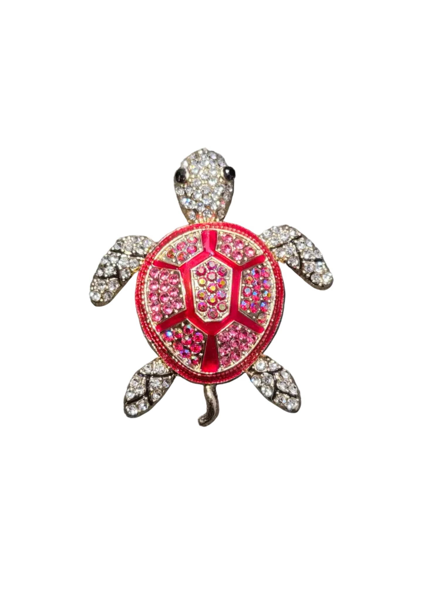 A turtle-shaped brooch or pin with a red and pink shell, silver-toned outline, and clear rhinestone-encrusted flippers and head.