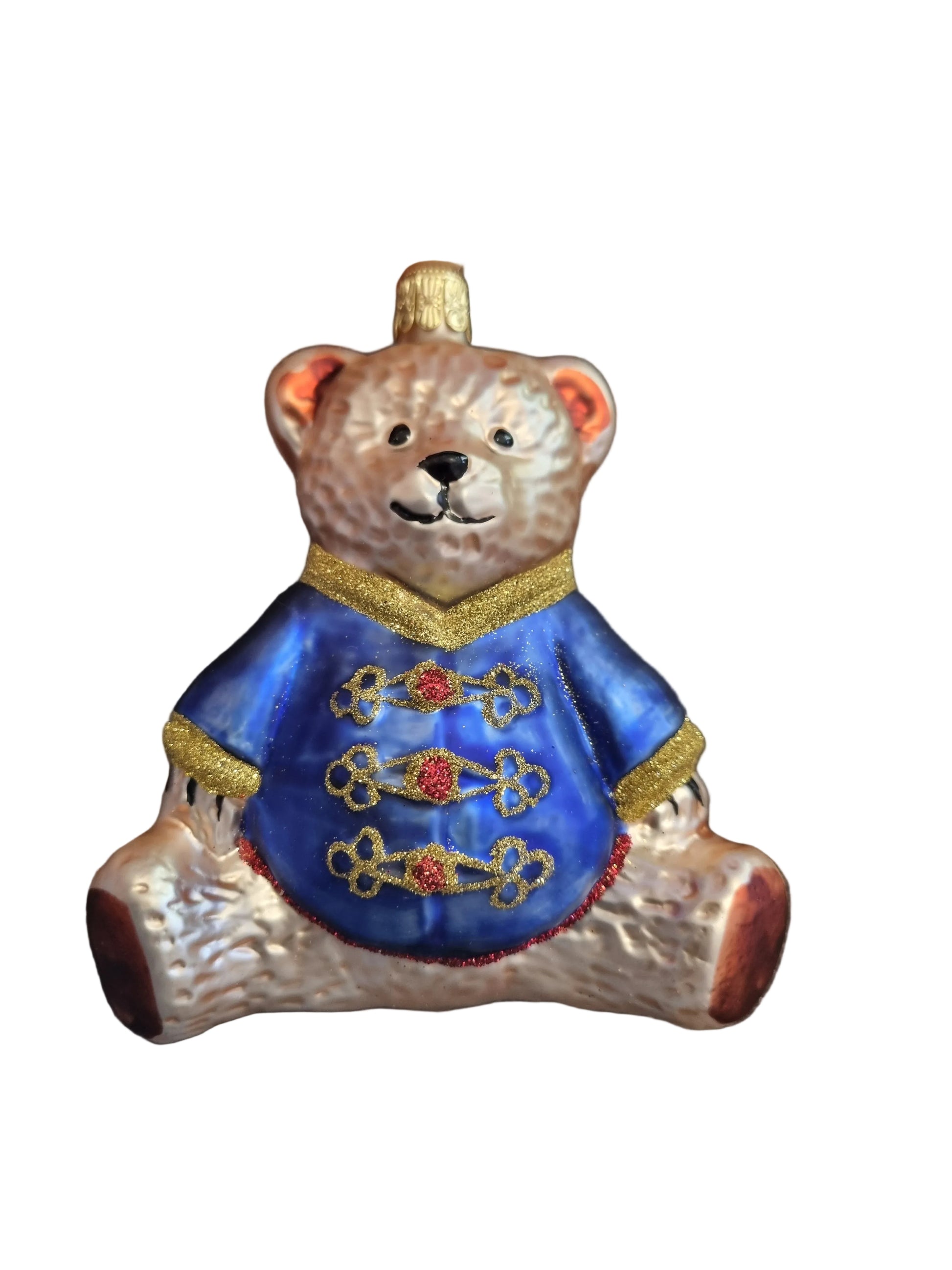 Decorative glass bear with a blue outfit 