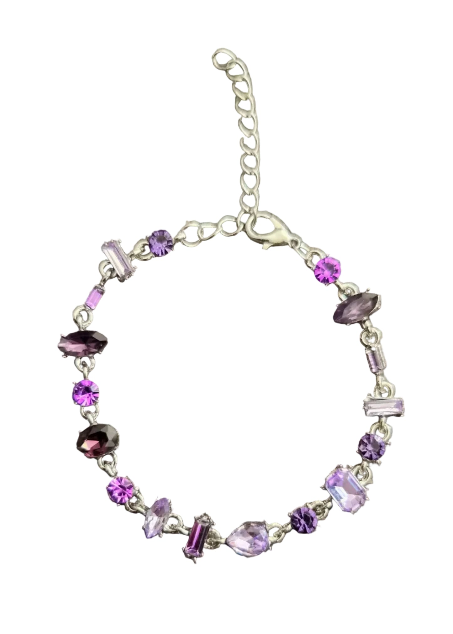 A silver charm bracelet with various purple and lavender gemstones.