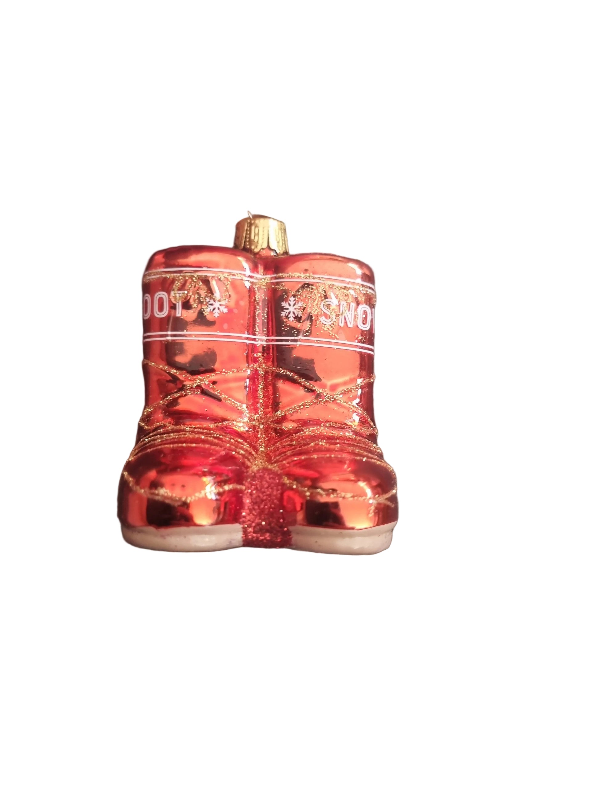 Red glass snow boot ornament with gold accents 