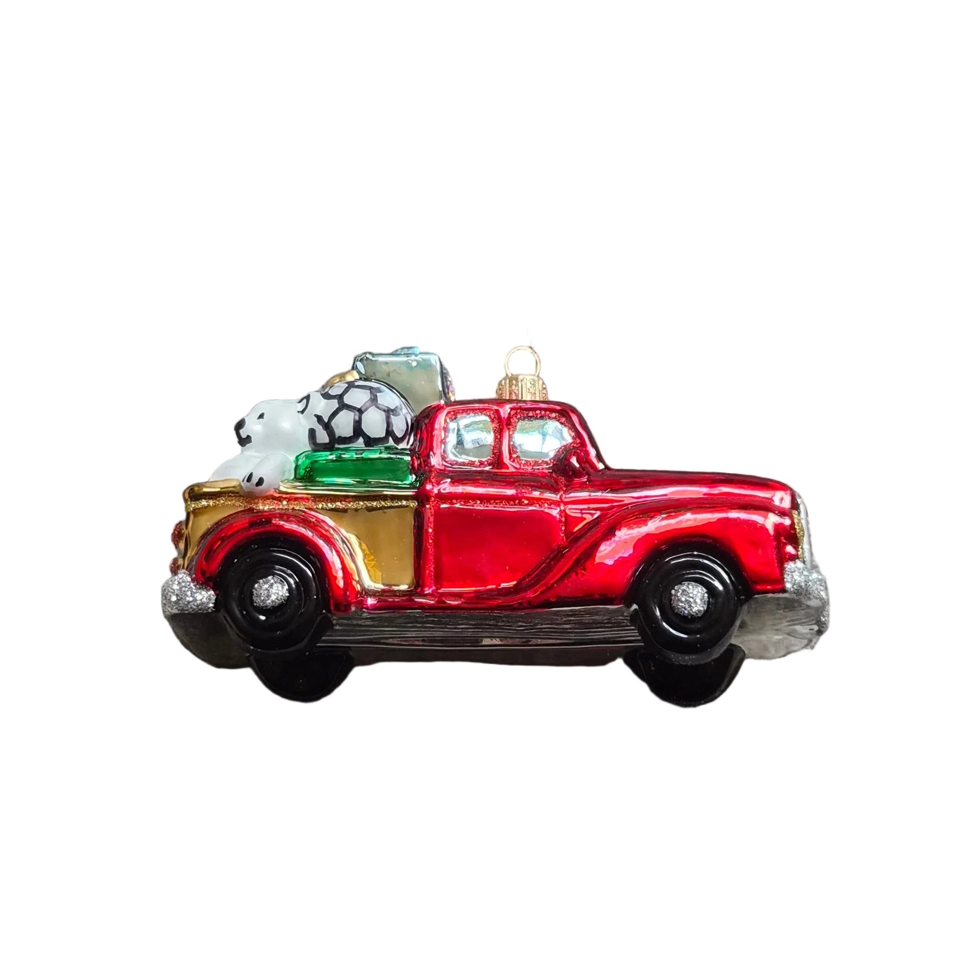 Handmade European blown glass Christmas ornament of a red ute/pickup truck