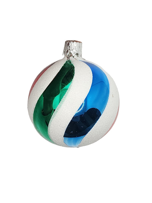 A multicolored glass ornament against a white background