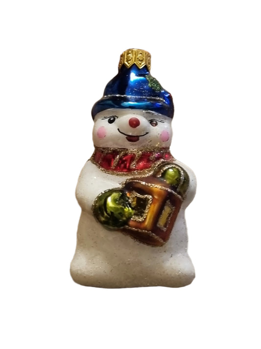 European Glass Christmas ornament of a Snowman with Lantern (K)