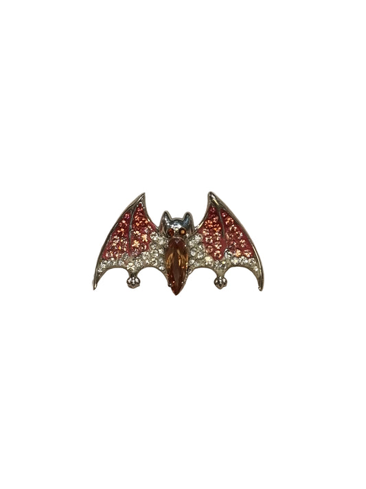 Bat-shaped brooch with pink and silver crystal wings 