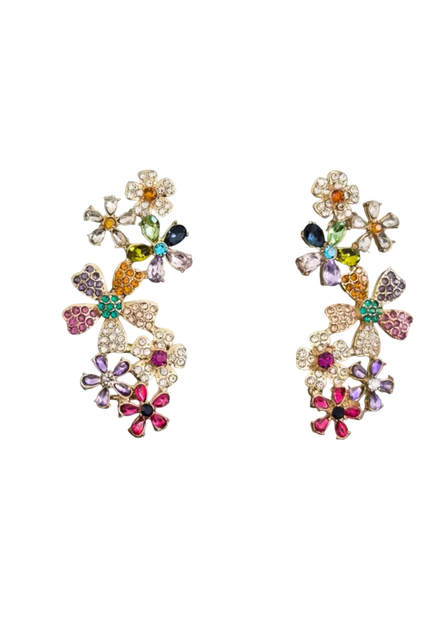 A pair of gold-toned floral drop earrings adorned with multicolored rhinestones,.