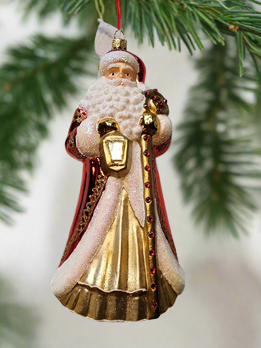 European Glass Christmas ornament of a Santa | Large with Gold Staff and Lantern (Z)