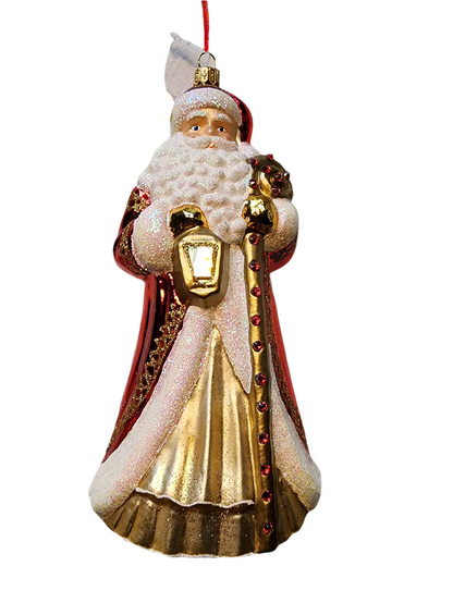 European Glass Christmas ornament of a Santa | Large with Gold Staff and Lantern (Z)