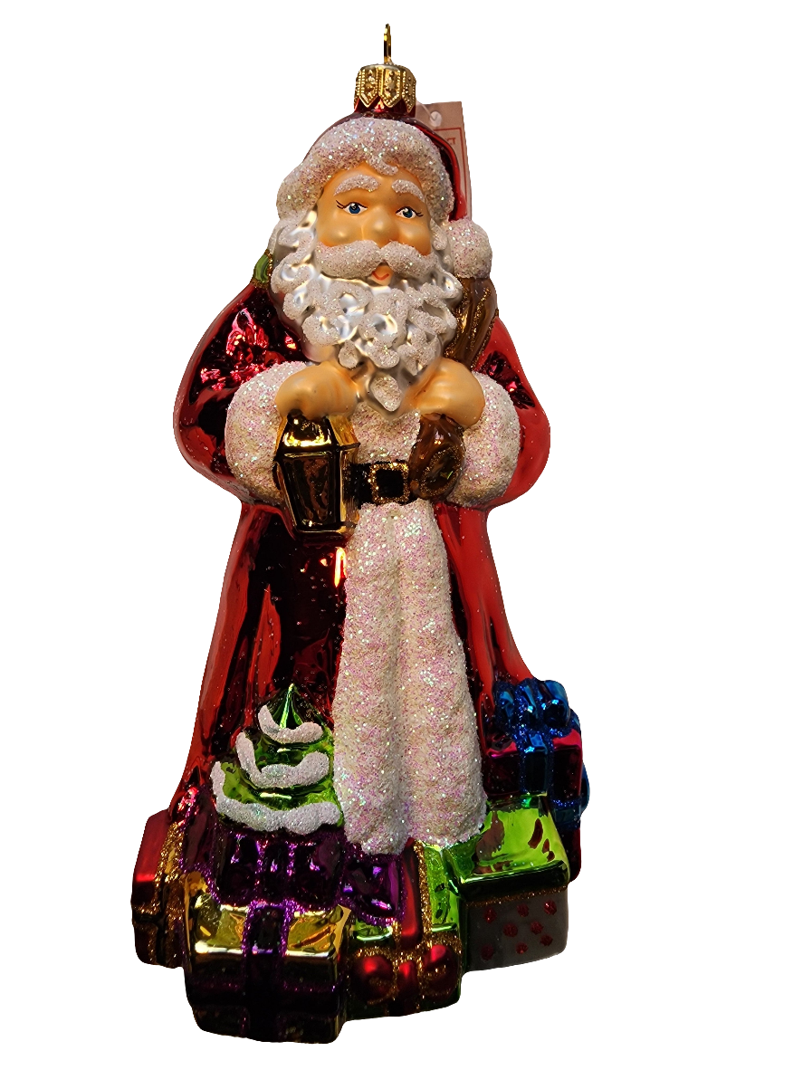 European Glass Christmas ornament of a Santa | with Sack, Presents and Lantern (Z)