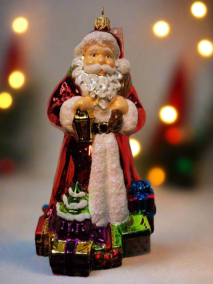 European Glass Christmas ornament of a Santa | with Sack, Presents and Lantern (Z)