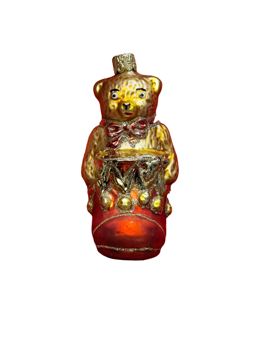 European Glass Christmas ornament of a teddy bear in a red stocking