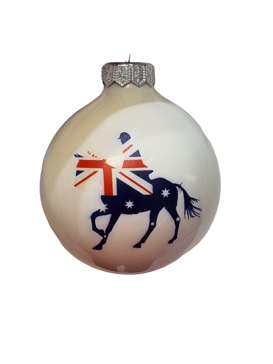 European Glass Christmas ornament of a Bauble | White with Horse Rider & Australian Flag Colours (I)