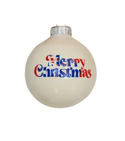 White Christmas ornament with 'Merry Christmas' in red and blue text on a white background