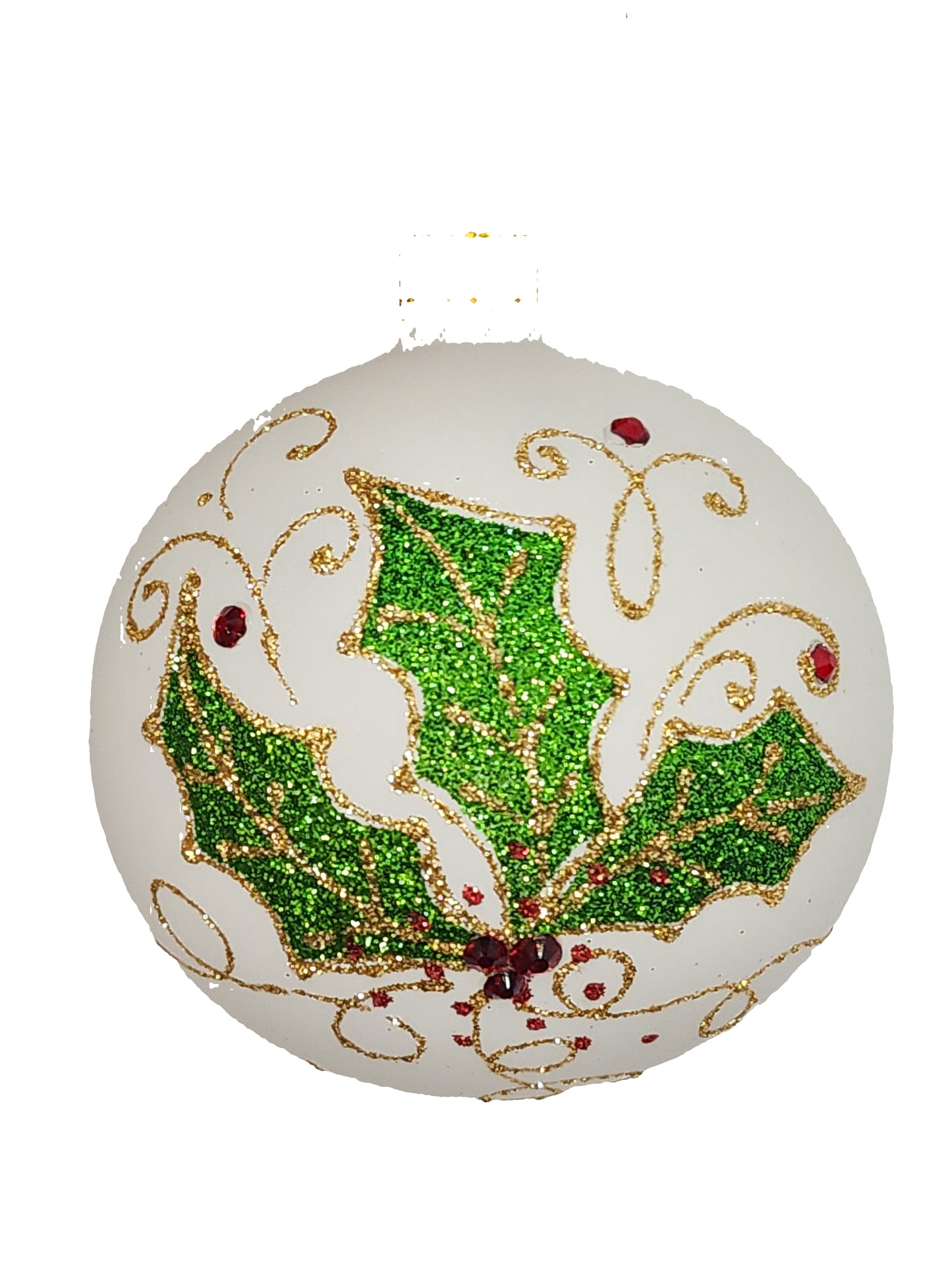 Decorative Christmas ornament with green holly design on a white background