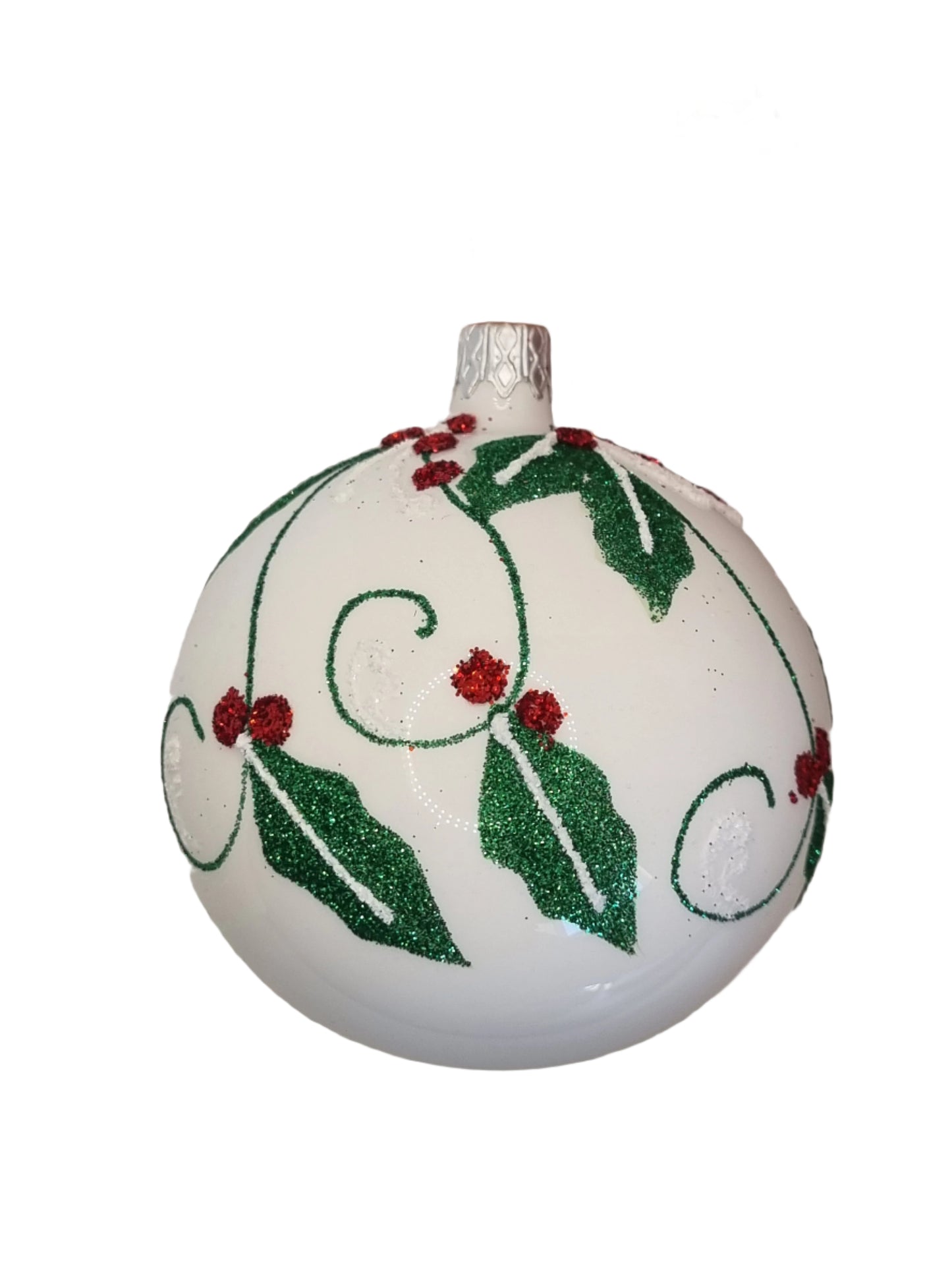 European Glass Christmas ornament of a white bauble with red & green glitter leaves